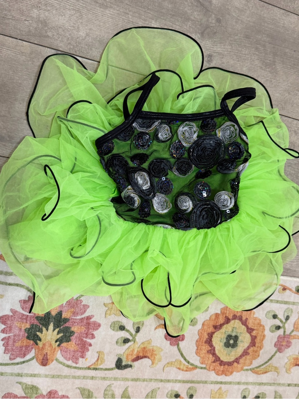Vintage Curtain Call Girls Dance Costume Halloween Lime Green Black Floral Tutu